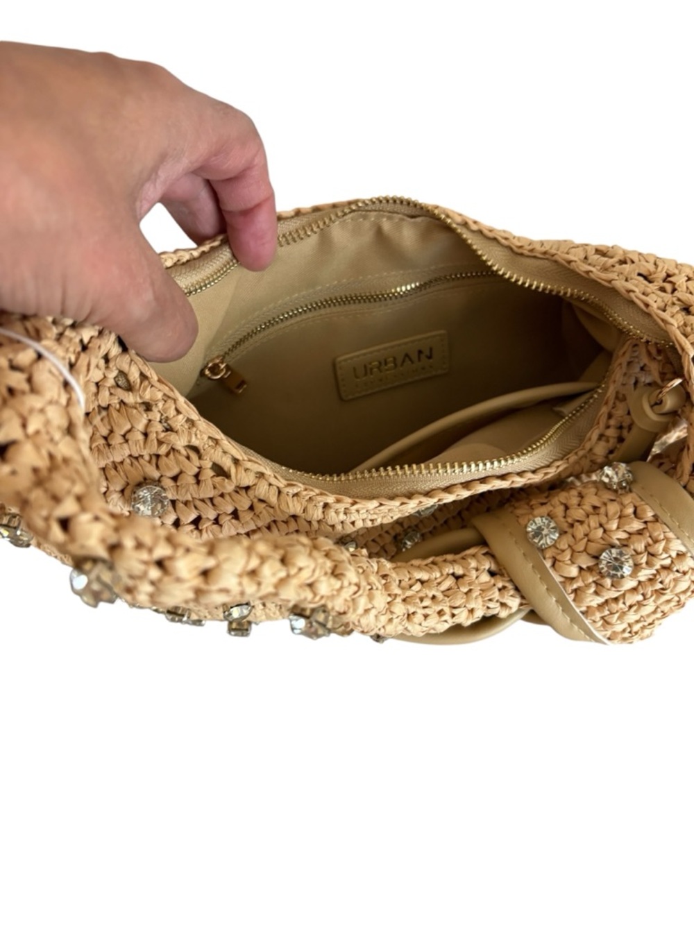 Urban Expressions Jessa Raffia Shoulder Bag Crystal Embellished Tan New - Picture 5 of 6